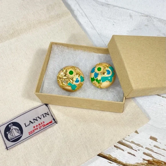 Lanvin Gold & Enameled Flower Clip-On Earrings
